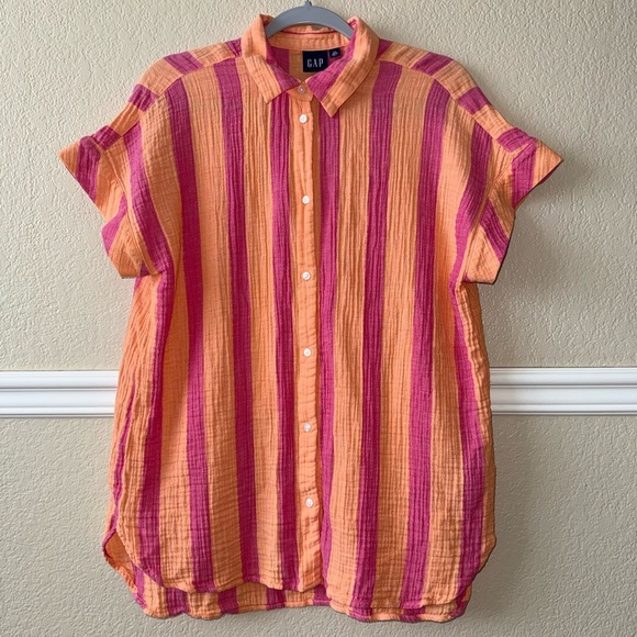 GAP Tops - GAP Short Sleeve Button Gauze Cotton Shirt Striped Pink Orange Size Large Tall